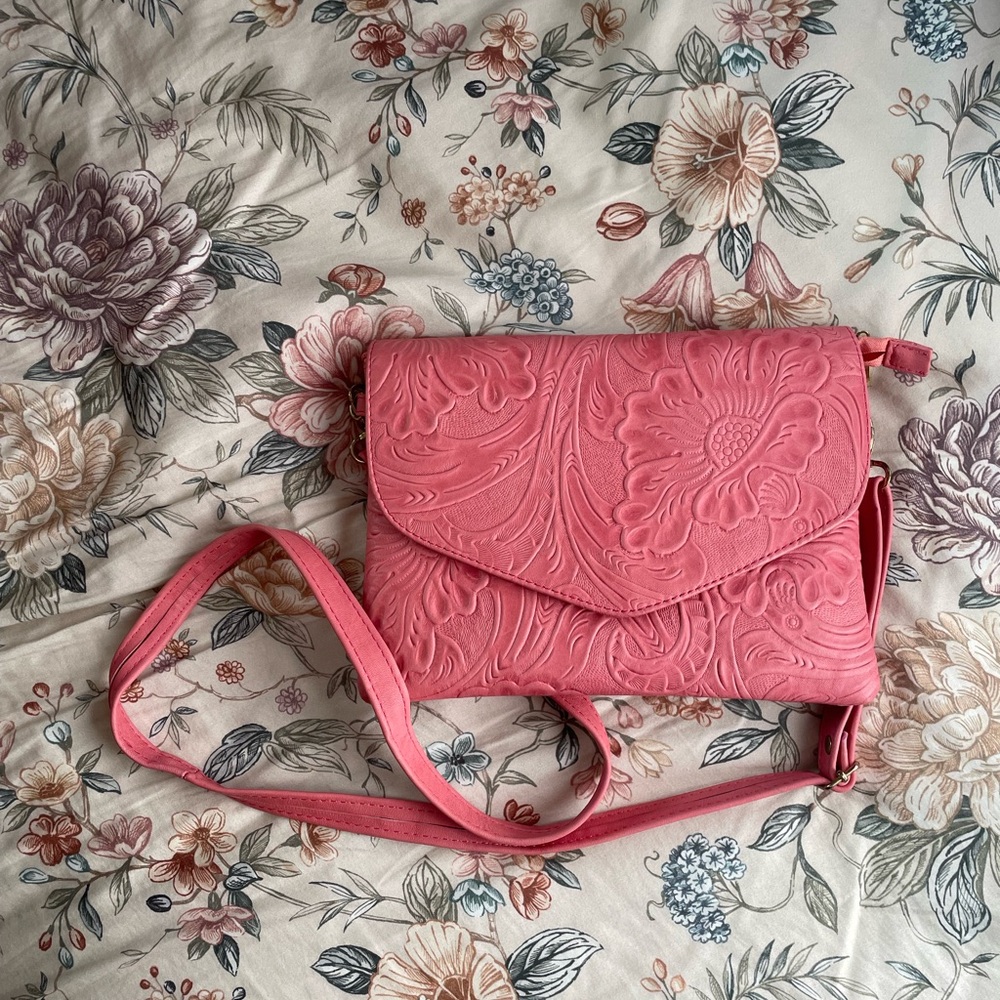 Leather Pink Floral Embossed Crossbody Bag
